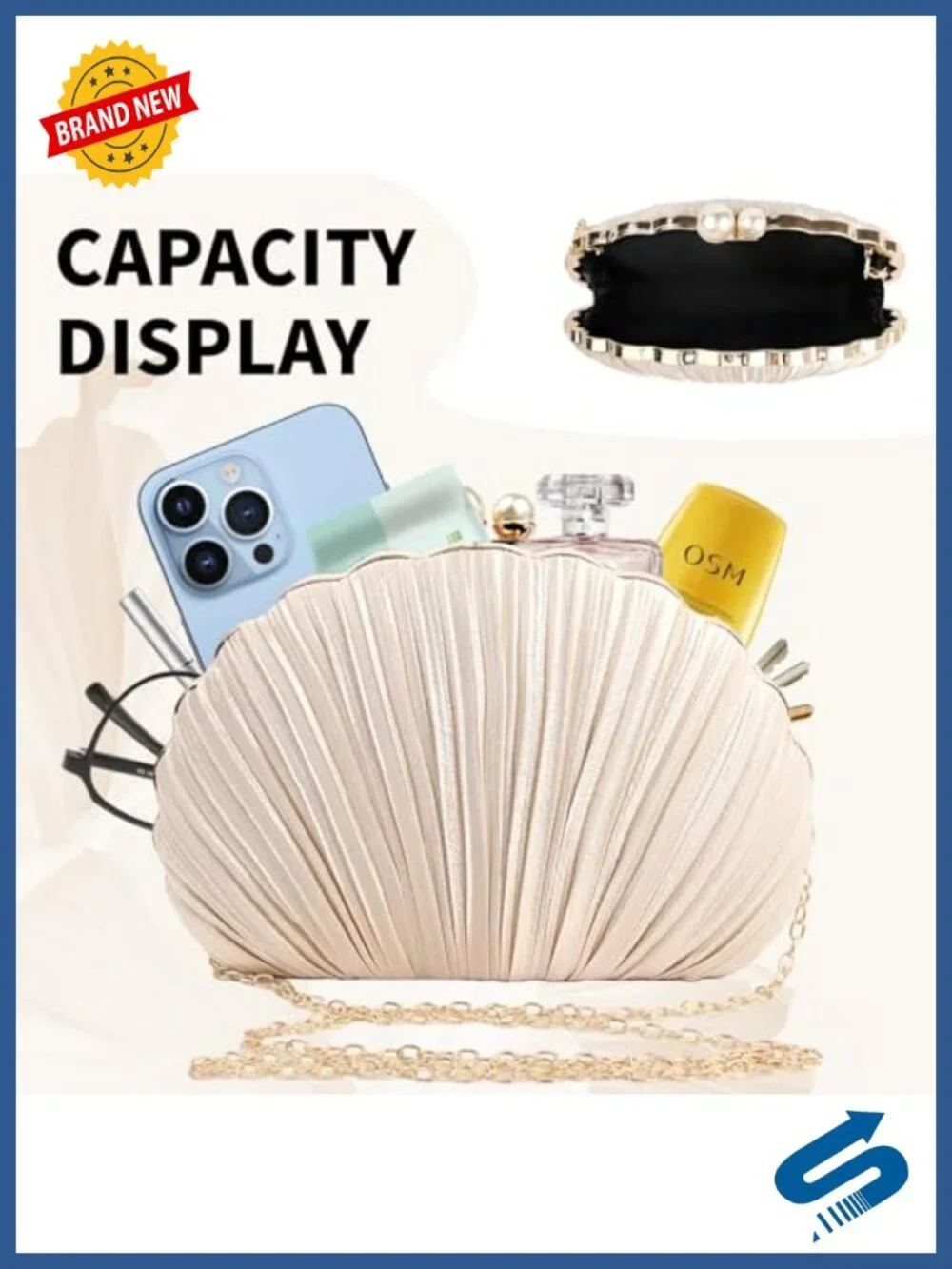 Mini Pleated Seashell Evening Clutch with Chain Strap